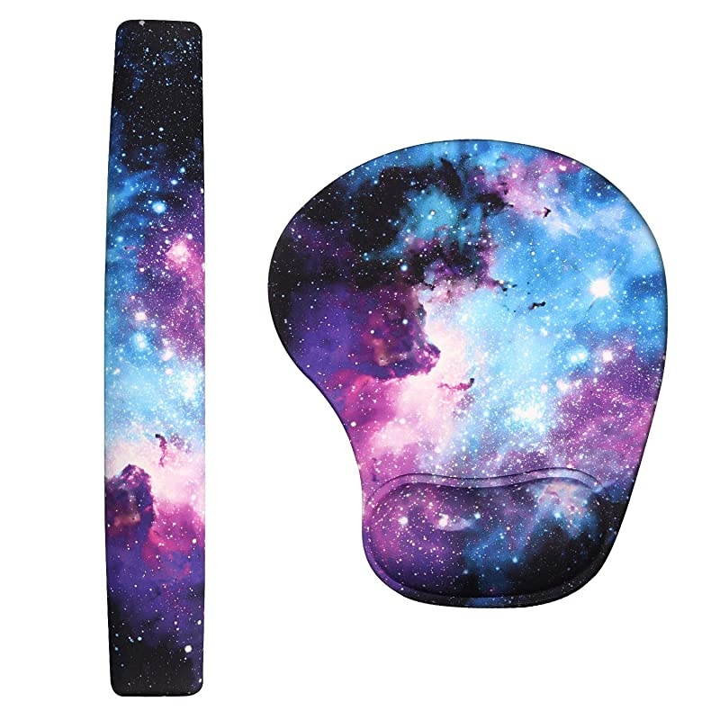 Ergonomic Mouse Pad Wrist Support and Keyboard Wrist Rest Pad Set with Non-Slip Backing Memory Form-Filled, Easy-Typing and Pain Relief for Gaming Office Computer Laptop (Blue Galaxy)