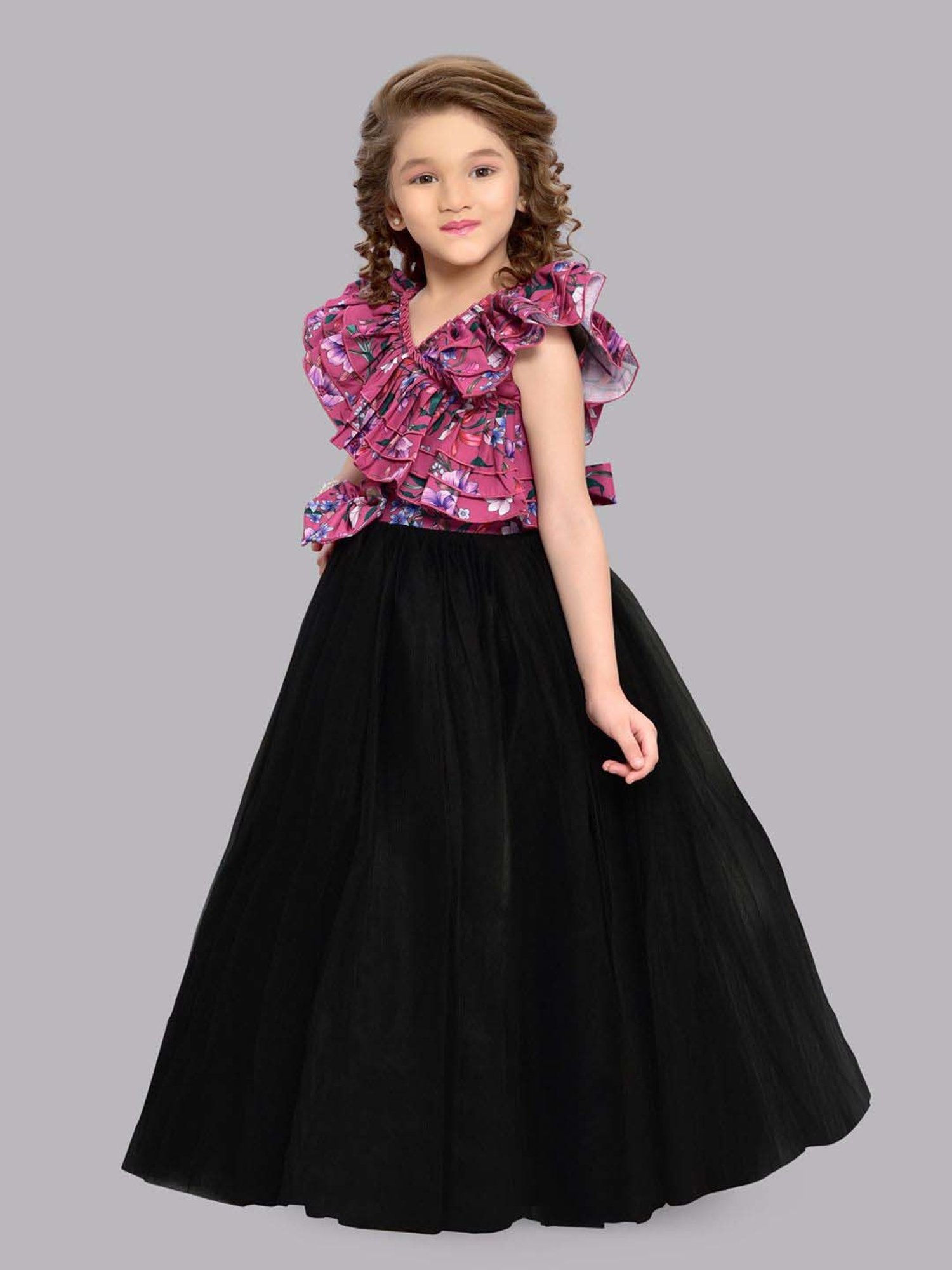Pink Chick Kids Pink & Black Floral Party Gowns
