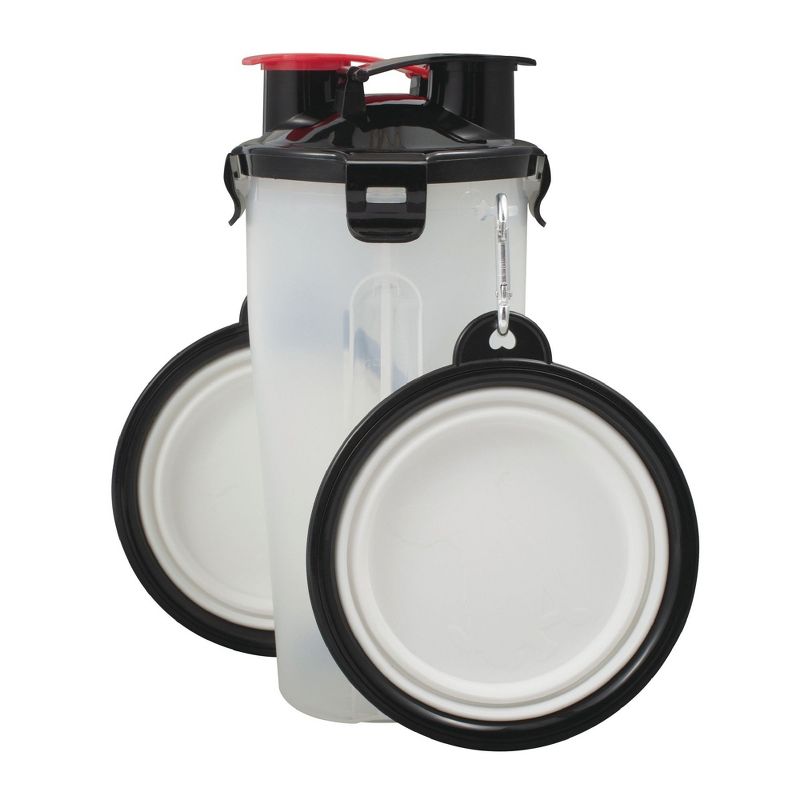 Pet Food Water Bottle 2-in-1 Portable with 2 Collapsible Bowls for Dog Travel Walking Hiking, White/Black