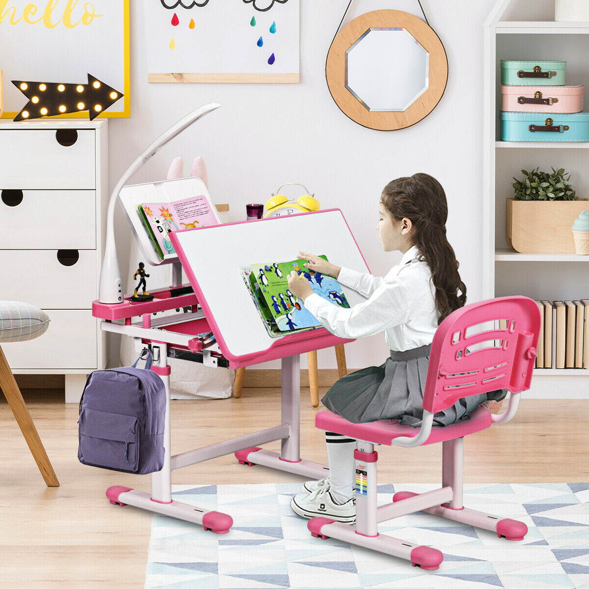 Height Adjustable Kids Desk Chair Set Study Drawing w/Lamp & Bookstand Pink