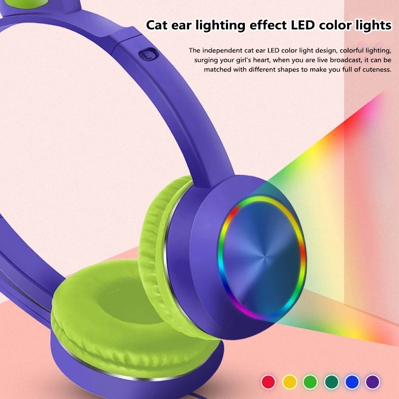 AKZ-020 Wired Headphones Stereo Super Bass 40MM Drivers Earphone RGB Luminous Foldable Head-Mounted Cute Cat Ear Gaming Headset Review Education Machine with Mic-Dark Blue