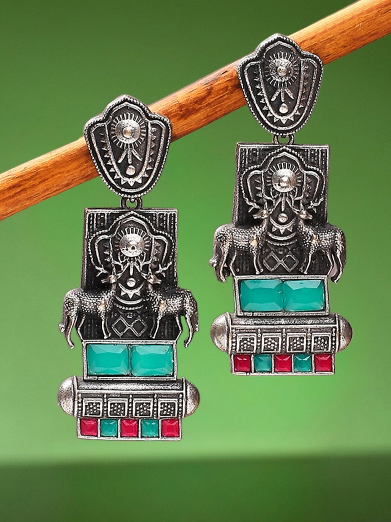 OOMPH Silver Oxidized Look Alike Green Stones Deer Shape Ethnic Dangler Earrings
