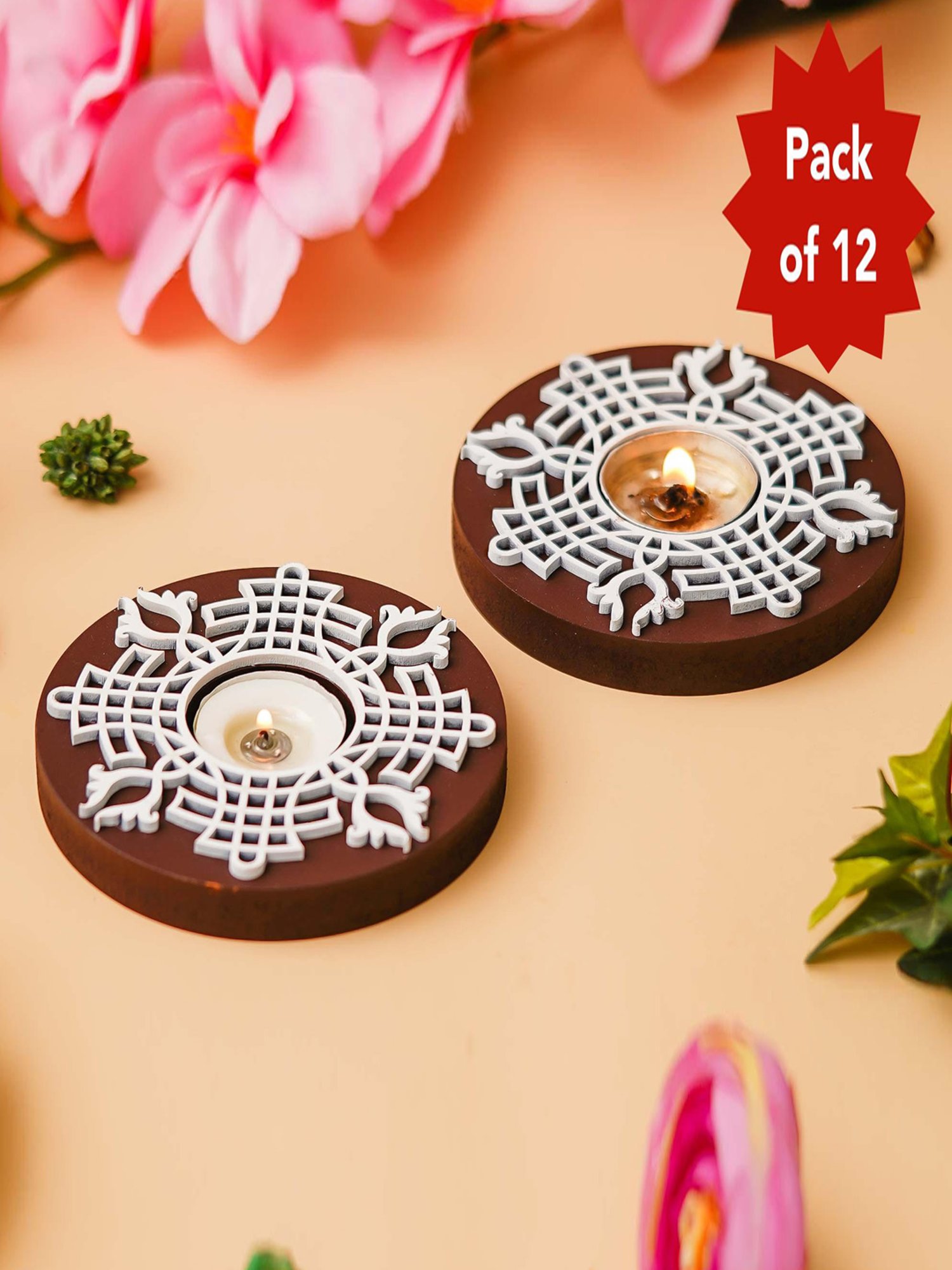 eCraftIndia Set of 12 Round Wooden Block Print Tea Light Candle Holders, Diya Stands