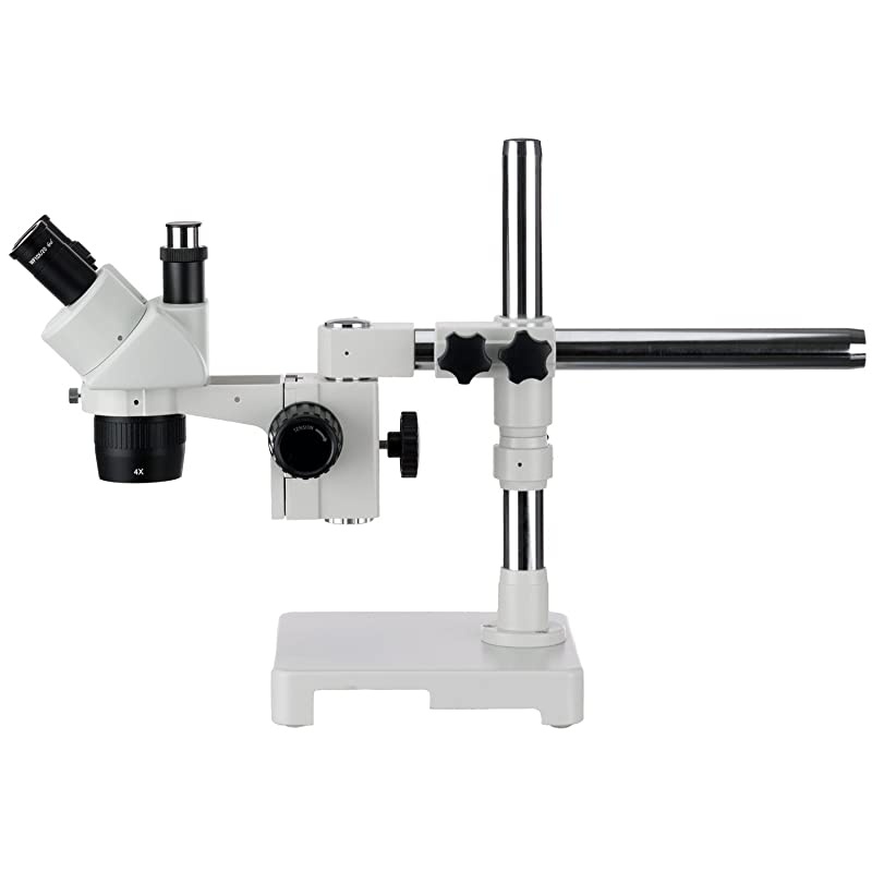 SW-3T24Z Trinocular Stereo Microscope, WH10x Eyepieces, 20X/40X/80X Magnification, 2X/4X Objective, Single-Arm Boom Stand, Includes 2.0x Barlow Lens