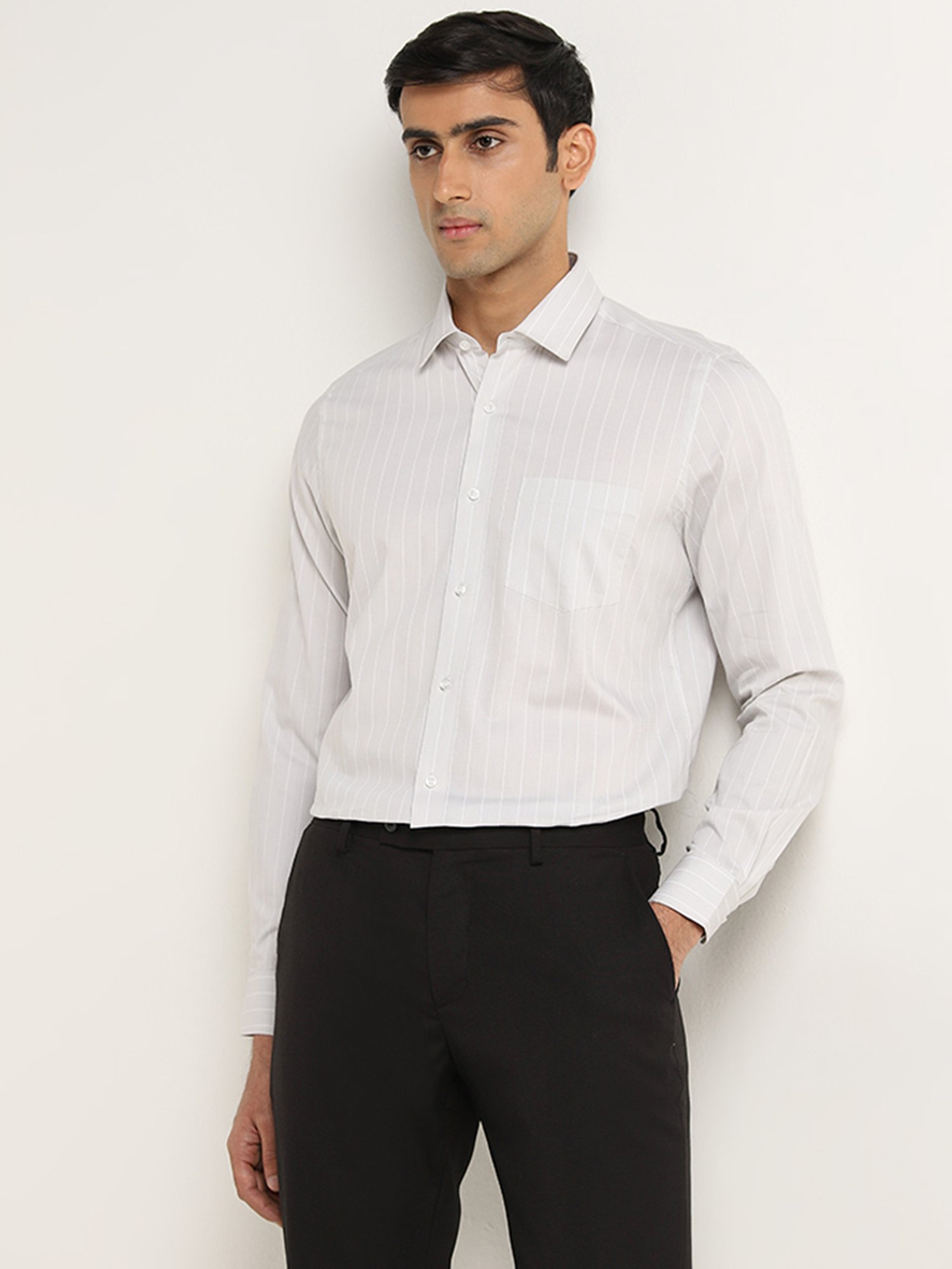 WES Formals by Westside Light Grey Striped Slim Fit Shirt