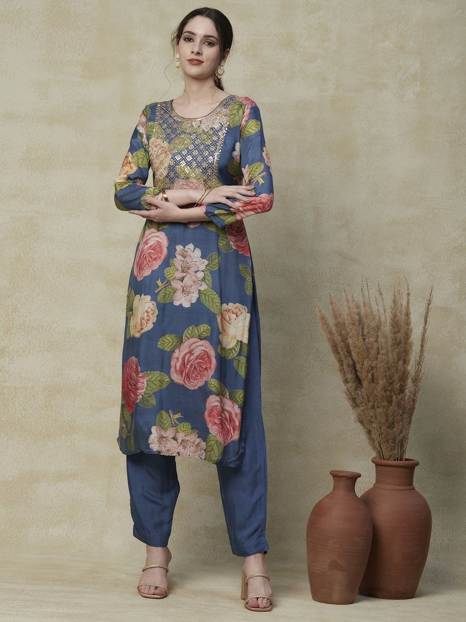 Fashor Blue Printed Kurta Pant Set With Dupatta