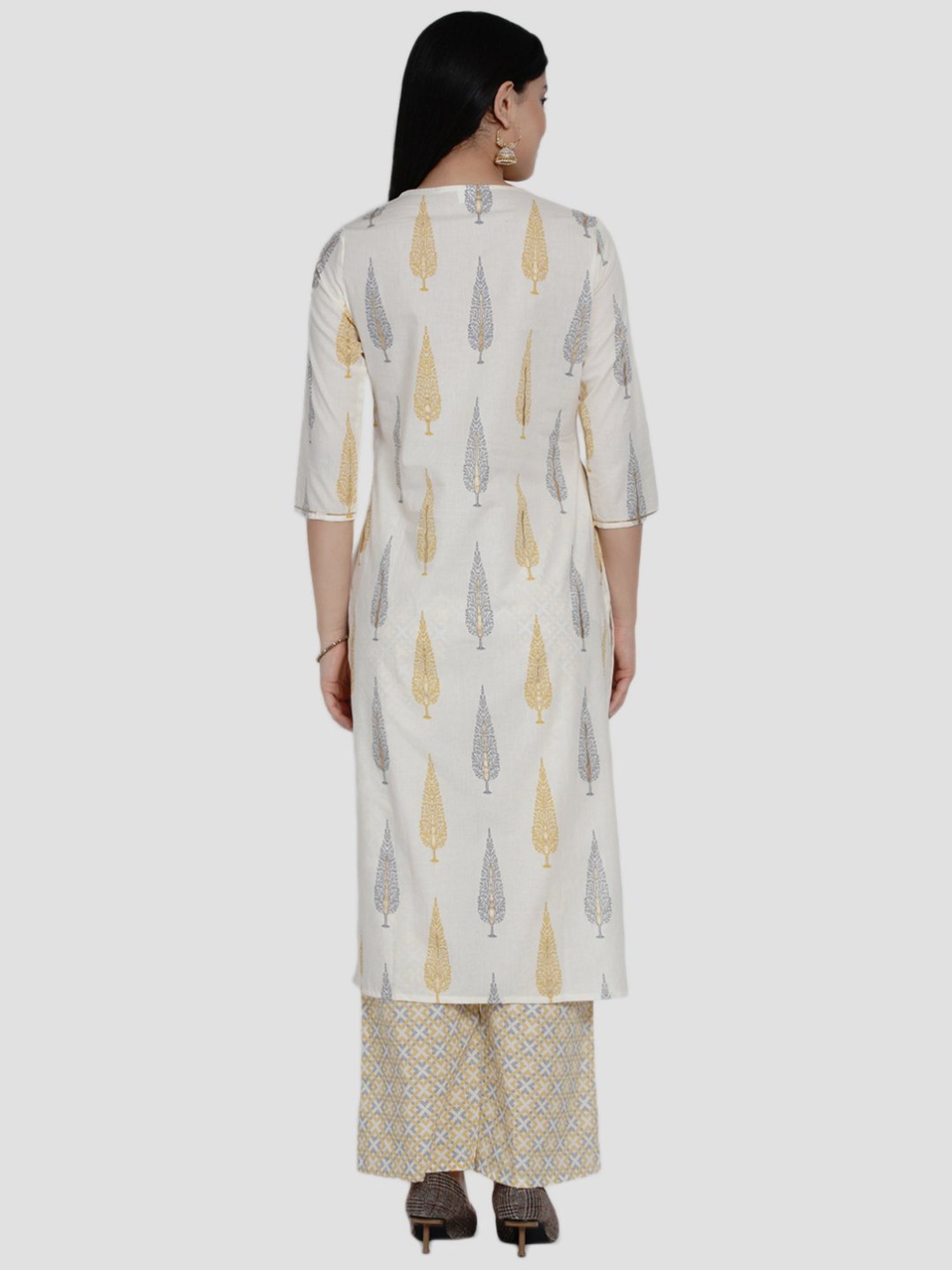 Women Republic Beige & White Cotton Printed Kurta Palazzo Set