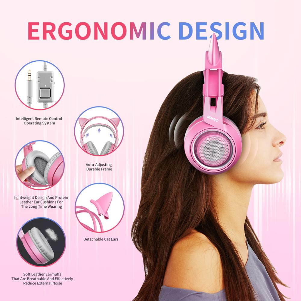 SOMIC Pink Stereo Gaming Headset with Mic for PS4, Xbox One, PC, Mobile Phone, 3.5MM Sound Detachable Cat Ear Headphones Lightweight Self-Adjusting Over Ear Headphones for Women