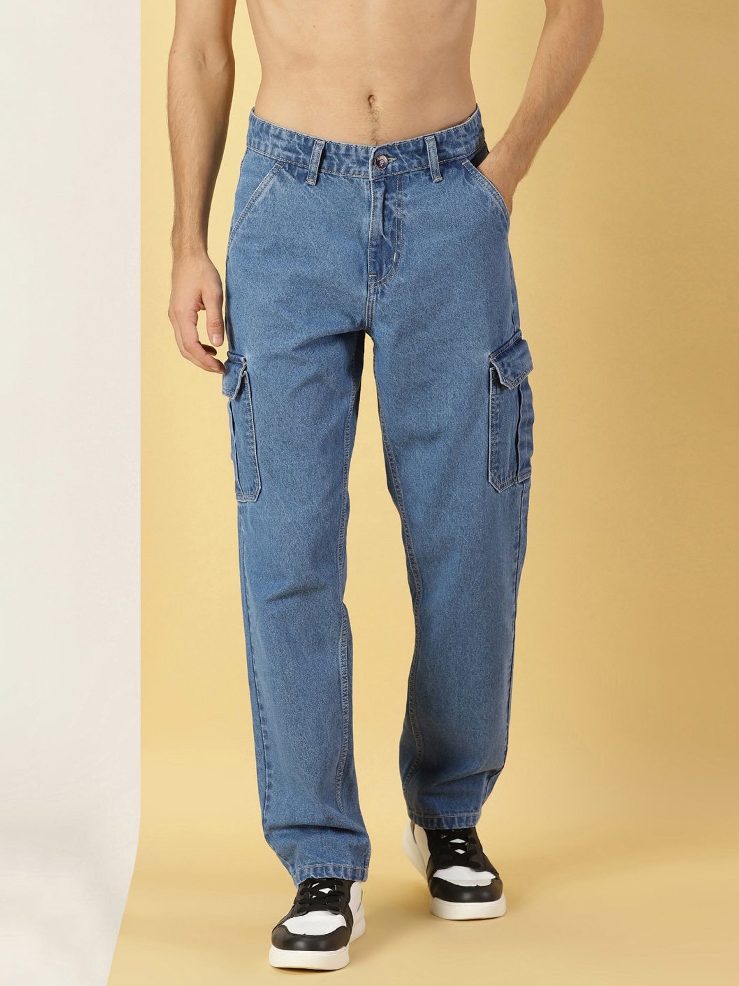 Thomas Scott Blue Relaxed Fit Lightly Washed Cargo Jeans