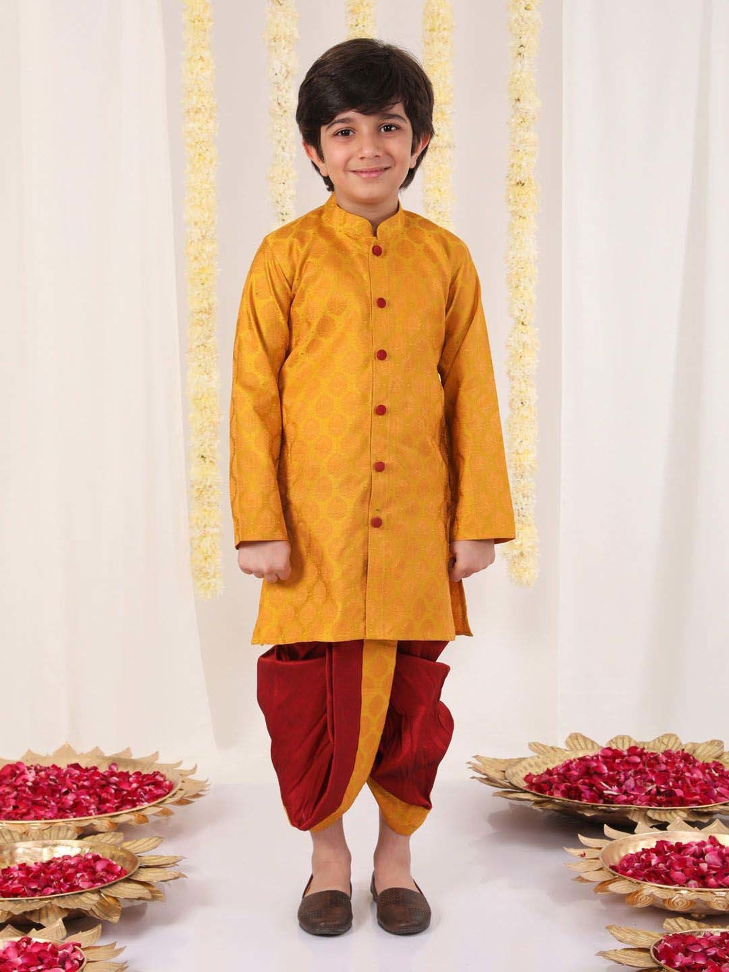 VASTRAMAY Boys Yellow & Maroon Others Full Sleeves Kurta Sets