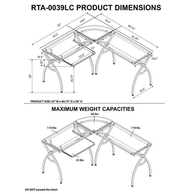 L Shaped Colored Tempered Glass Top Desk with Pull Out Keyboard Tray Black - Techni Mobili