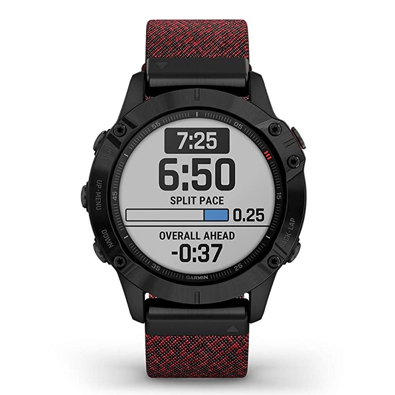 Garmin Fenix 6 Sapphire (Black with Red Nylon Band) Gift Box Bundle | +HD Screen Protectors, Extra Band,  Portable Charger, Adapters & Hard Case | Multisport Fitness Watch