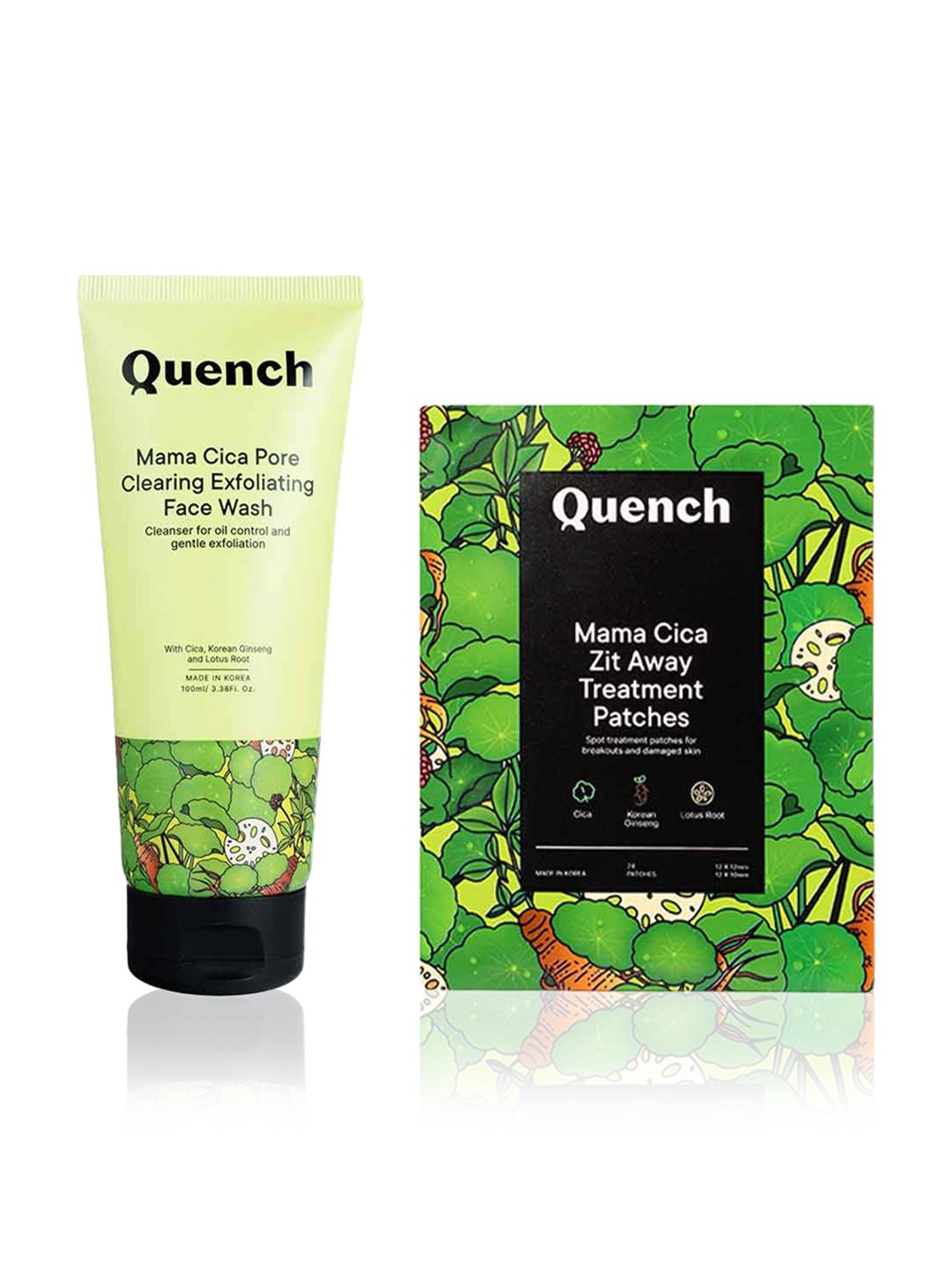 Quench Mama Cica Zit Away Treatment Patches with Pore Clearing Excfoliating Face wash