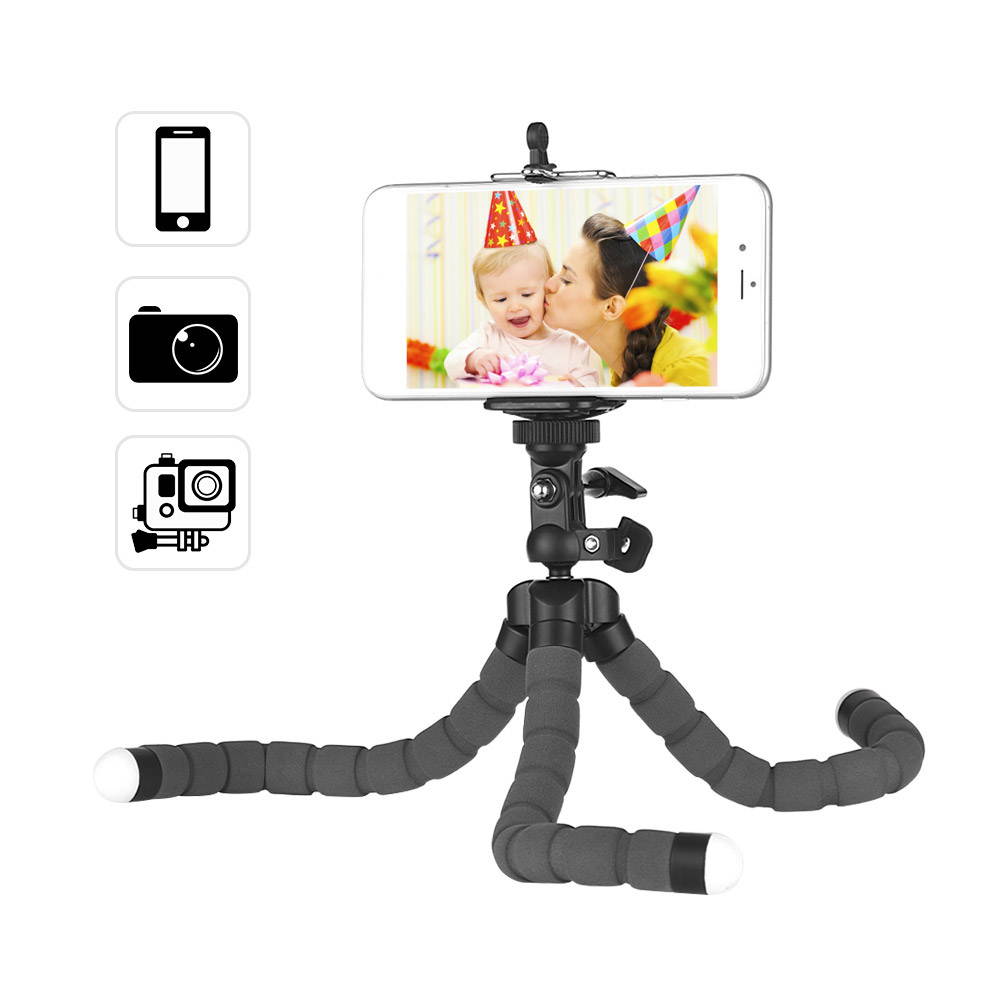 Flexible Sponge Octopus Tripod Stand Holder with Smartphone Clip 1/4 Inch Screw 360 Degree Rotation for iPhone Huawei Samsung GoPro Camera Video Camera
