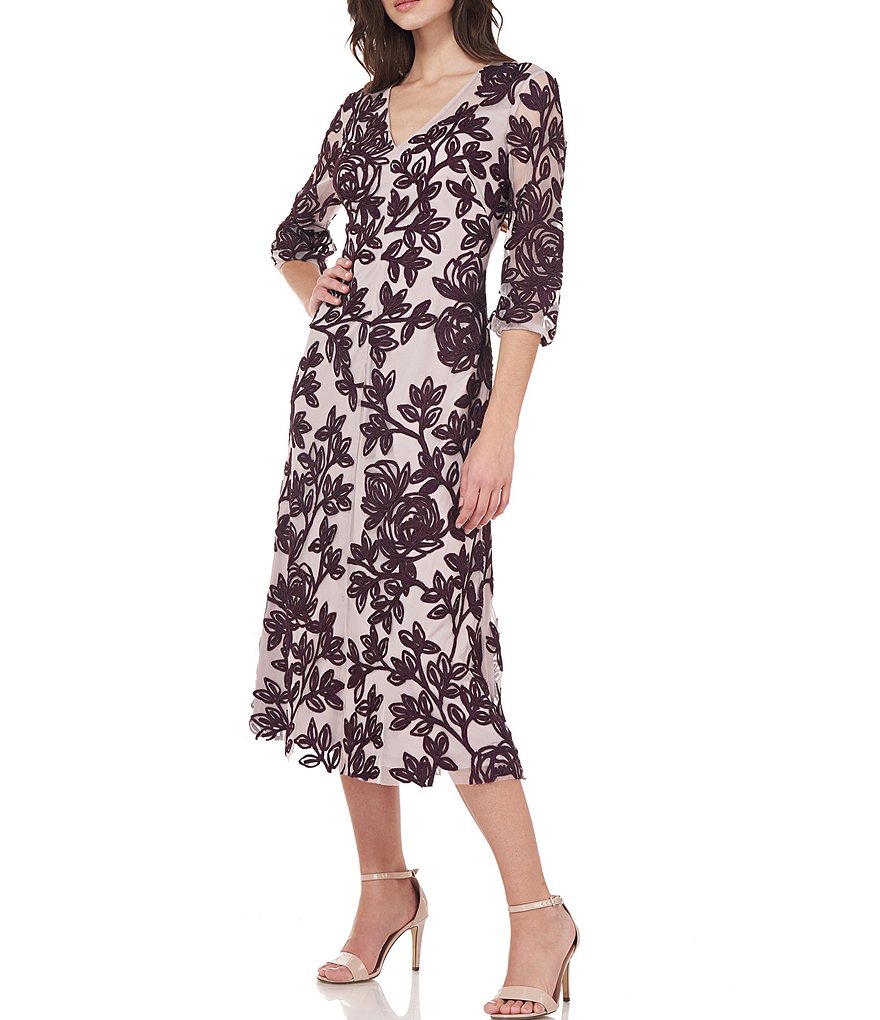 JS Collections Harlow V-Neck 3/4 Sleeve Illusion Lace Midi Dress