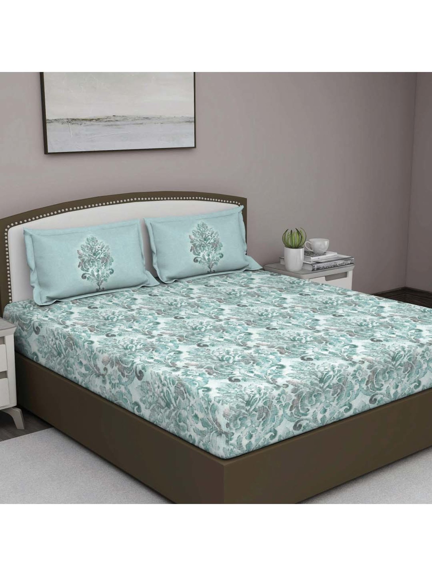GM 'Fiesta' Sage Green Cotton 180 TC Double Bedsheet with 2 Pillow Covers
