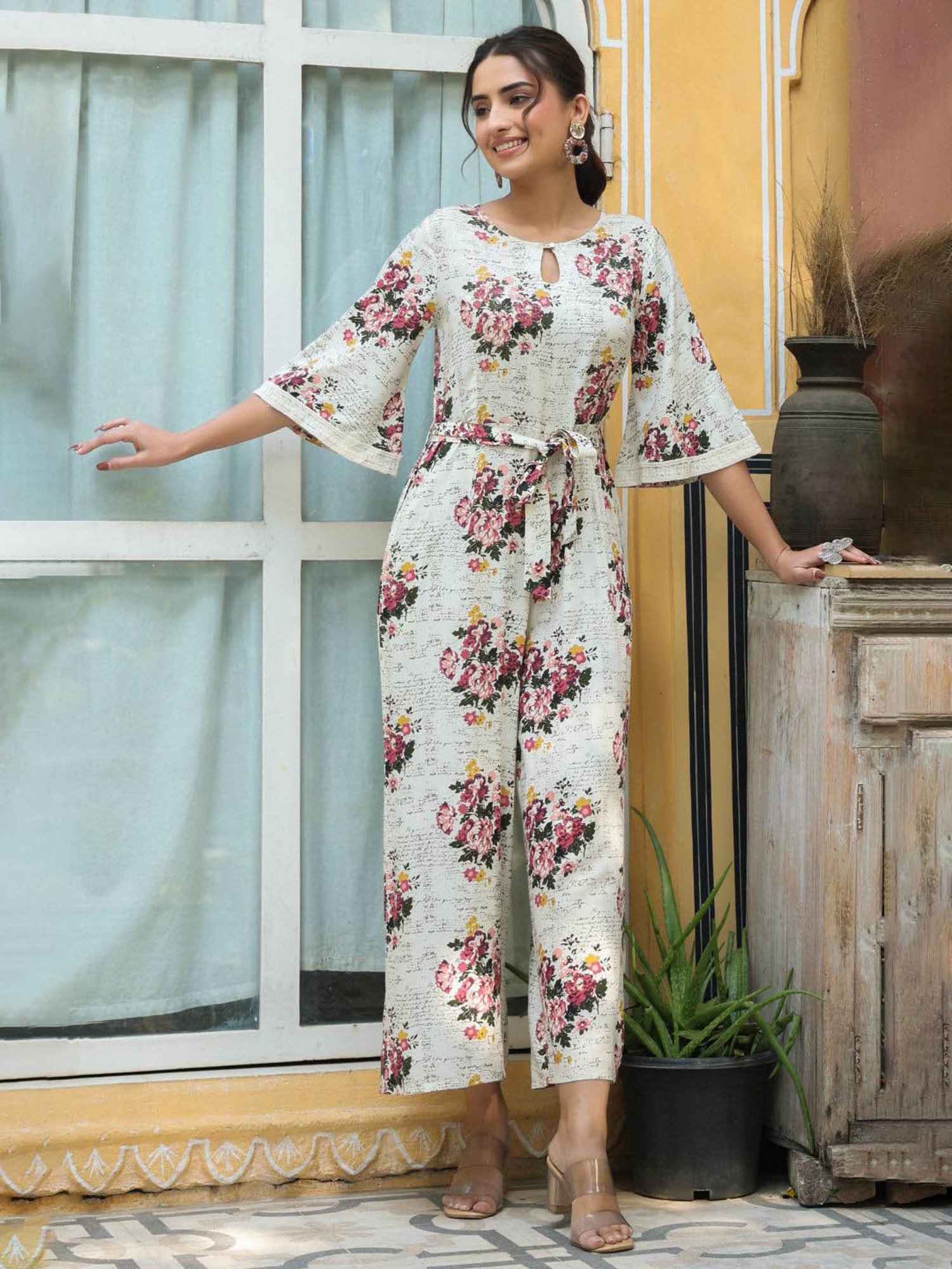 Juniper Off-White Floral Printed Rayon Slub Jumpsuit With Zip Closure