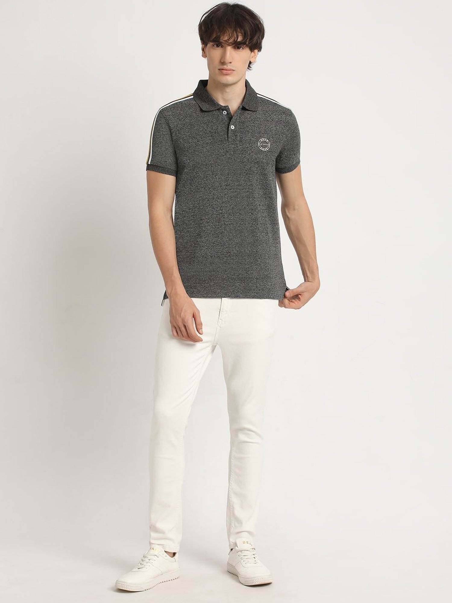 The Bear House Grey Slim Fit Self Pattern Polo T-Shirt