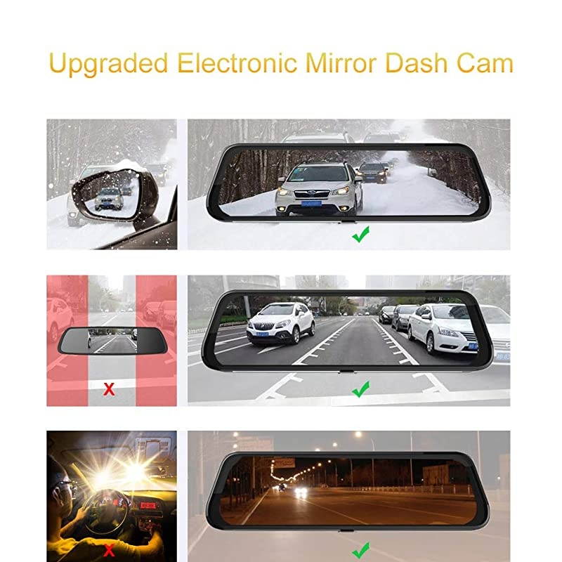 Mirror Dash Cam Dual Sony Starvis 1080P Front & Backup Camera 9.66" IPS Touch Screen Mirror Camera, G-Sensor, WDR and Night Vision