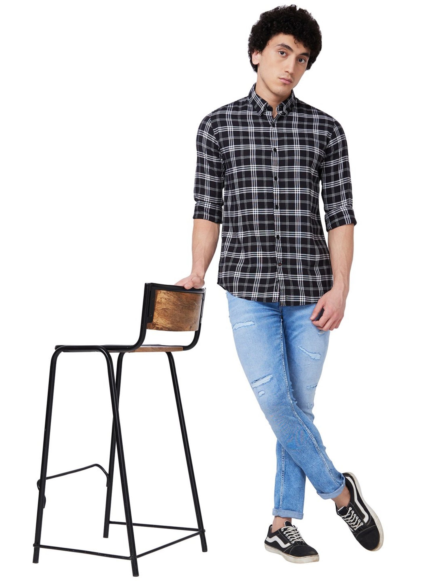 Spykar Black Cotton Regular Fit Checks Shirt