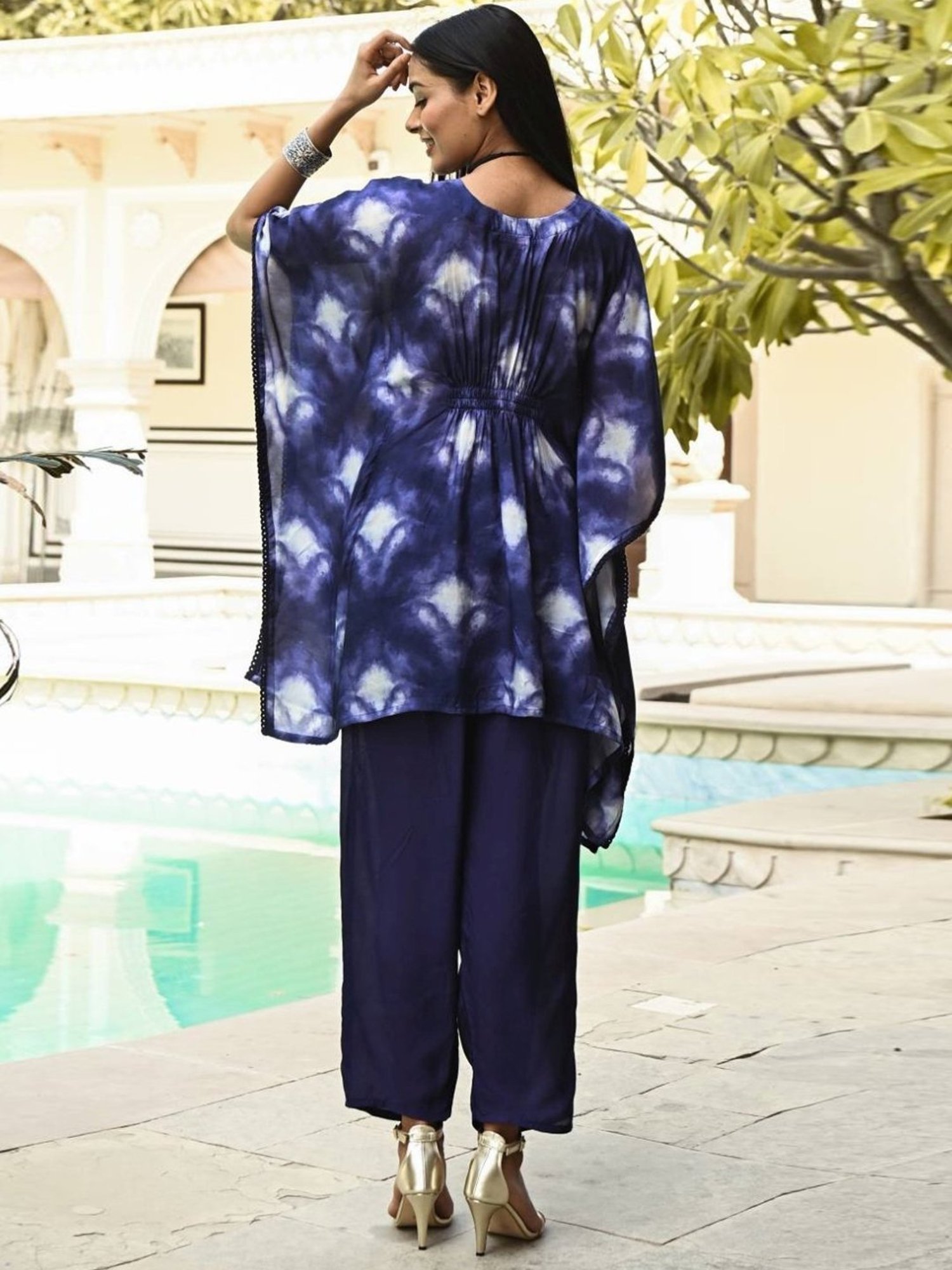 Mahee Jaipur Blue Tie & Dye Mulsin Kaftan with Pant Co-ord Set