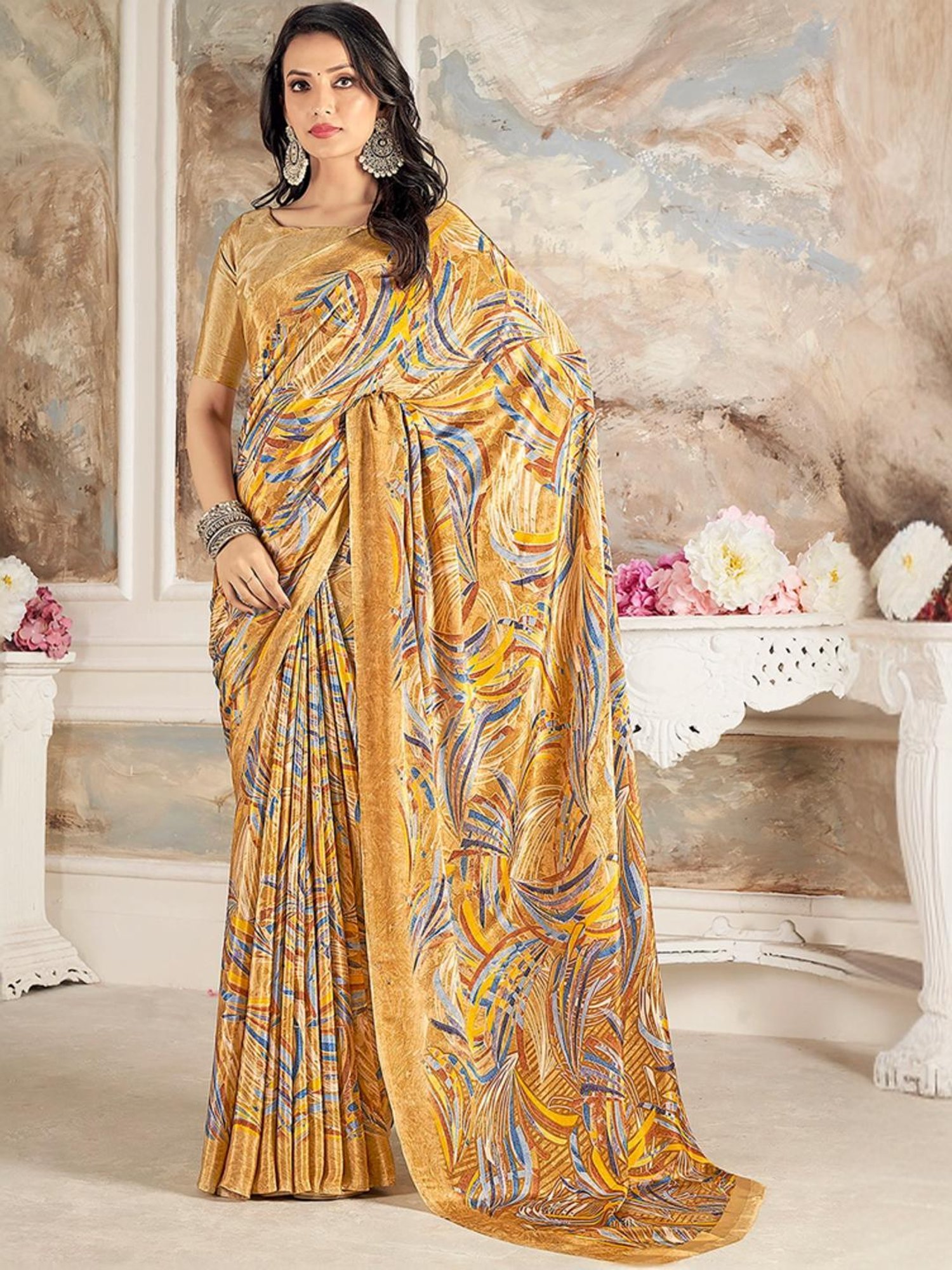 Satrani Mustard Geometric Print Saree With Unstitched Blouse