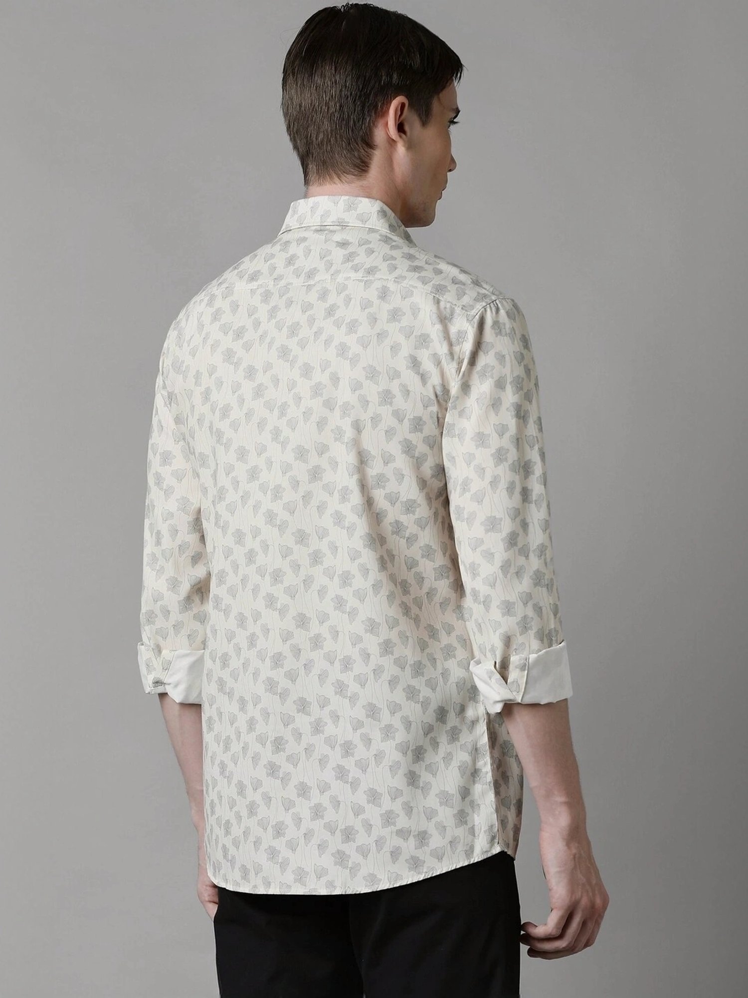 Louis Philippe Cream Cotton Slim Fit Printed Shirt