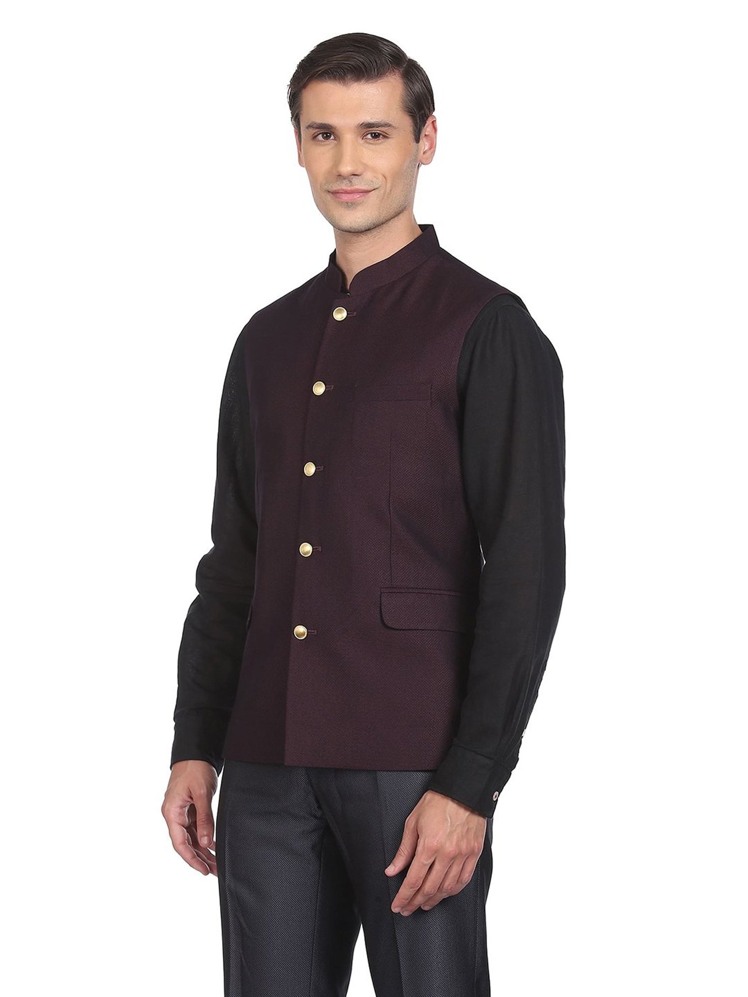 AD by Arvind Maroon Mandarin Collar Nehru Jacket