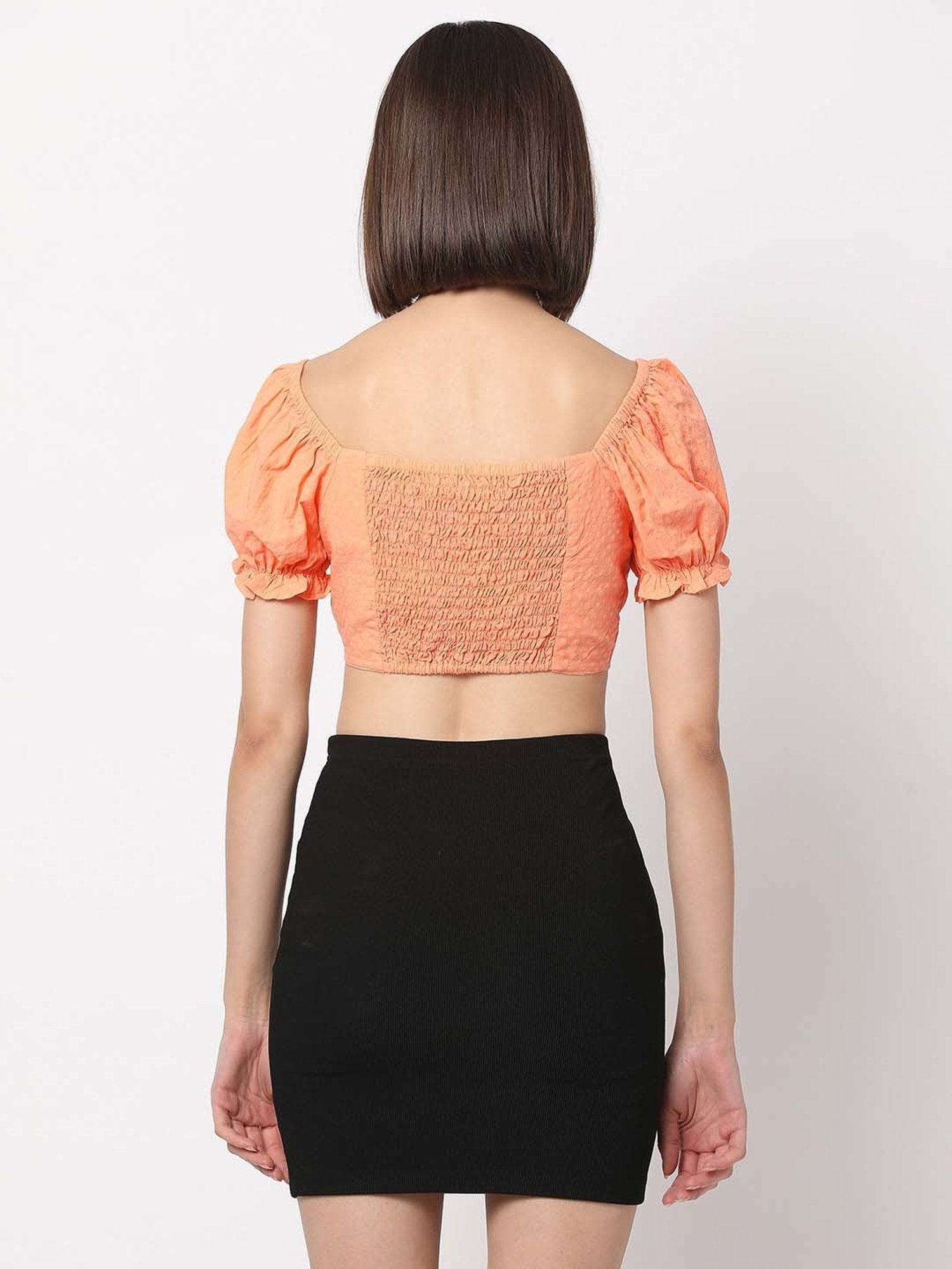 VASTRADO Orange Cotton Self Pattern Crop Top