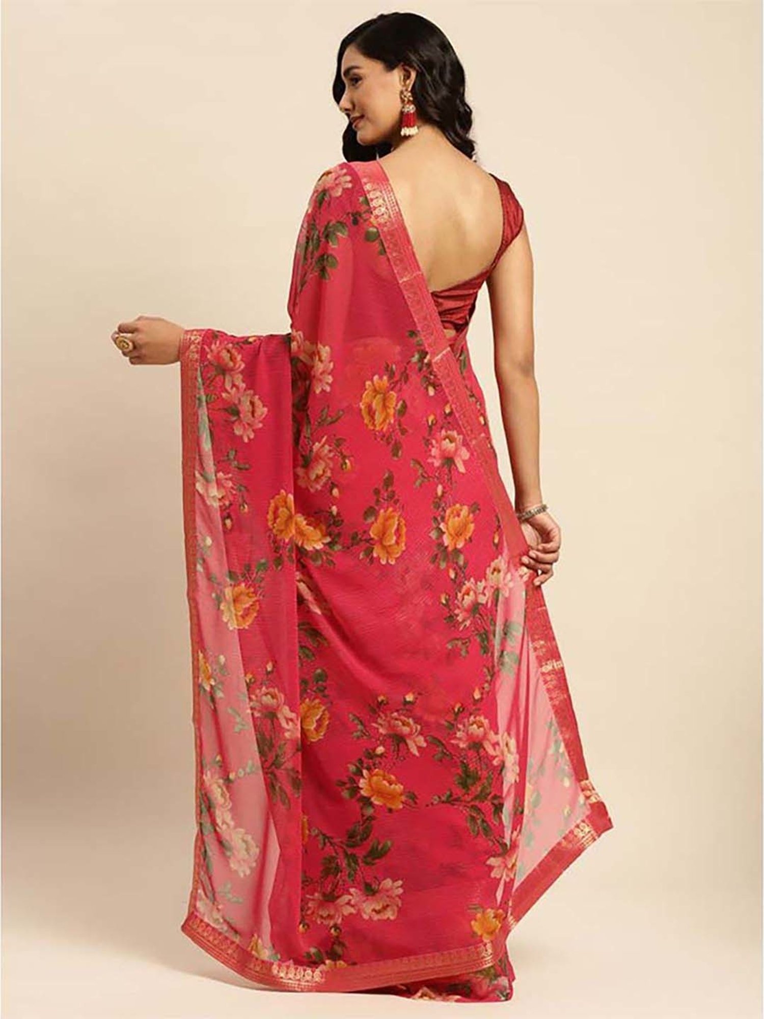 Rangita Red Floral Print Saree With Unstitched Blouse