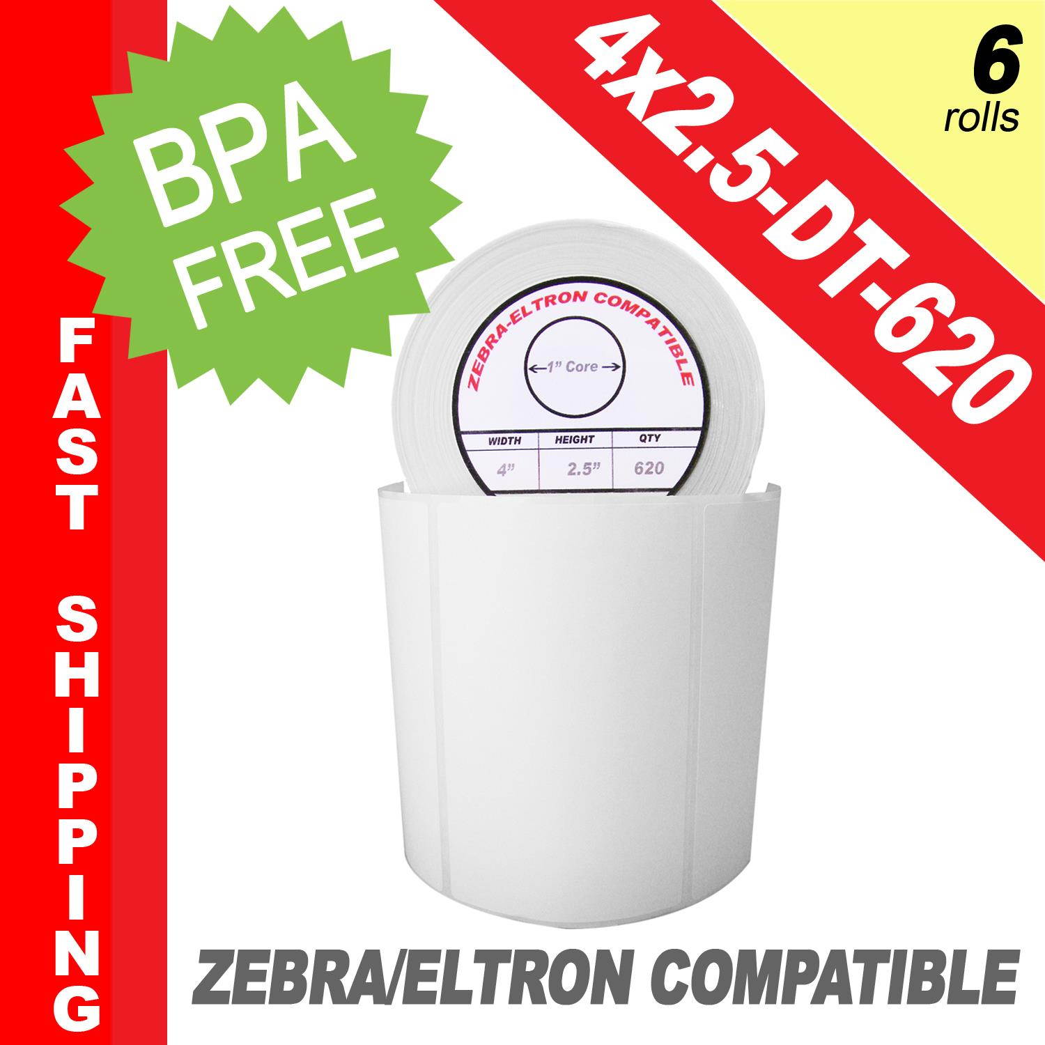 Zebra/Eltron-Compatible 4 x 2.5 Labels (4" x 2-1/2") -- BPA Free! (6 Rolls; 620 Labels per Roll)