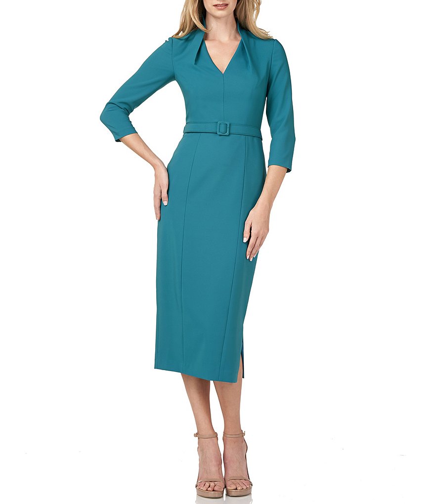 Kay Unger Skylar V-Neck 3/4 Sleeve Belted Stretch Crepe Midi Sheath Dress
