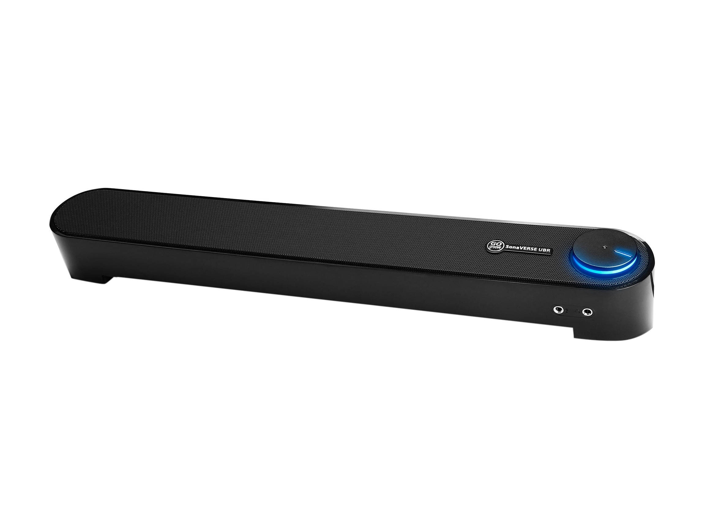 Desktop Computer Sound Bar Speaker w/ Easy Access Headphone & Mic Jacks by GOgroove - SonaVERSE UBR (Blackout) - USB Powered, LED accents, Compact 16.5" Length, Angled Design - Ideal for Small Desks