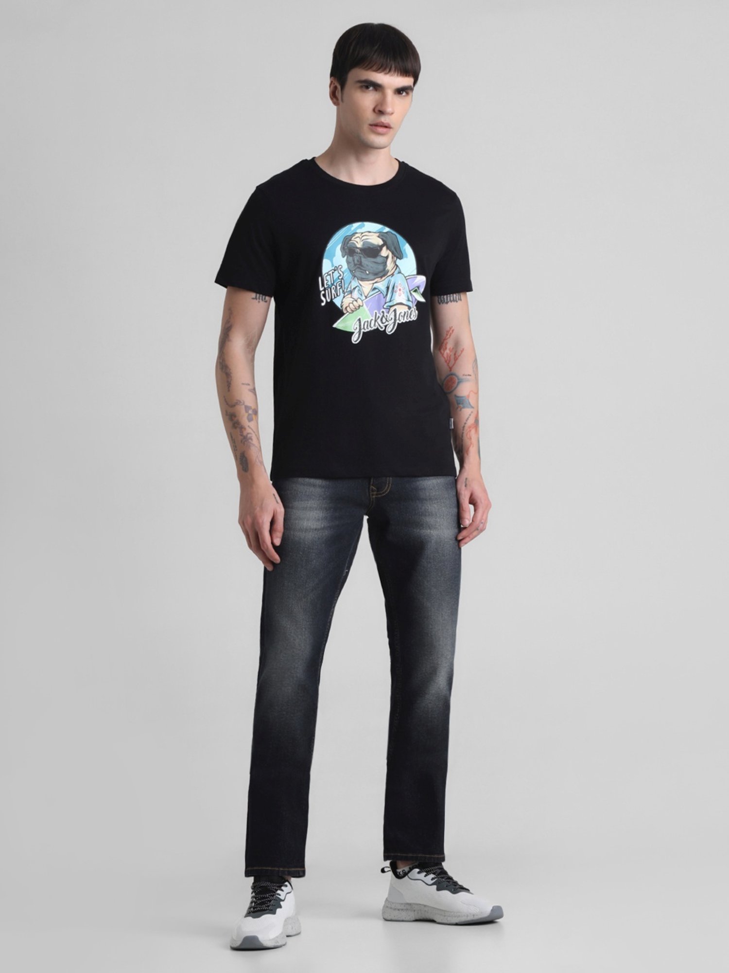 Jack & Jones Jet Black Cotton Regular Fit Printed T-Shirt