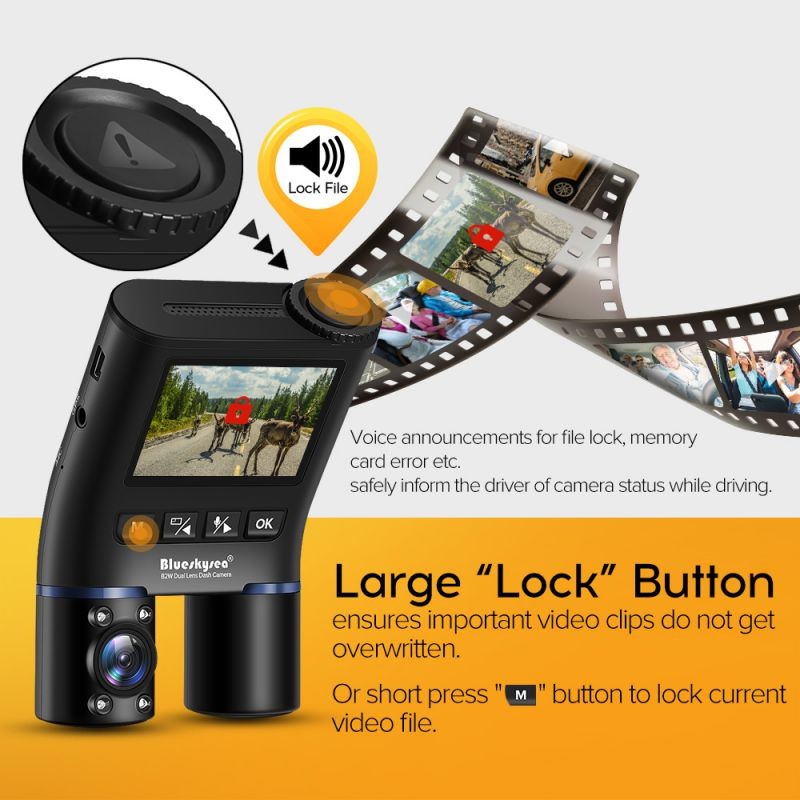 Dual 1080P Dash Cam Front and Inside, Blueskysea B2W Dashcam HD Double Rotatable Lens Driving Recorder Camera With IR Night Vision 2'' Screen 32GB SD Card For Uber Rideshare Lyft Car Driver