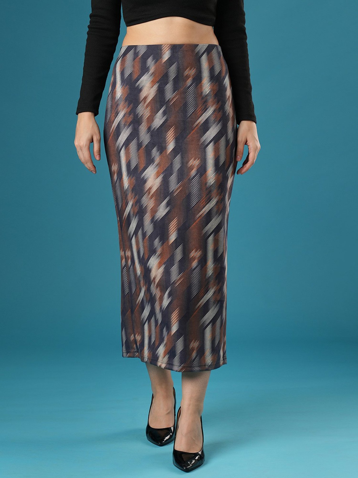 Globus Dark Grey & Rust Printed Midi Skirt