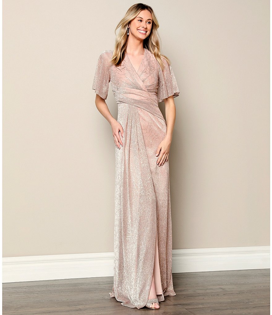 Adrianna Papell V-Neck Elbow Sleeve Lace Side Wrap A-Line Gown