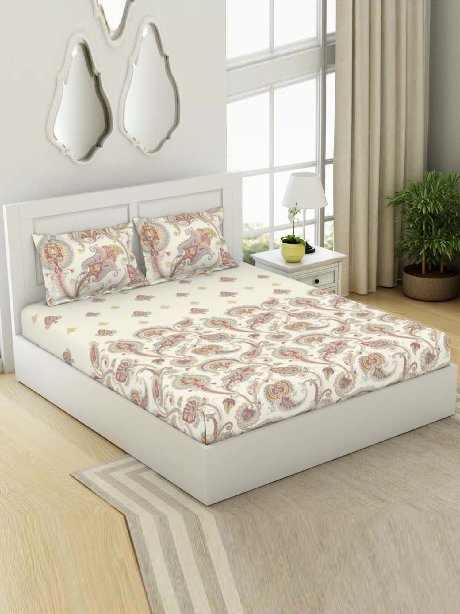 SPACES Bohemia Red & Egret Cotton 144 TC Large King Size Bedsheet With Pillow Covers