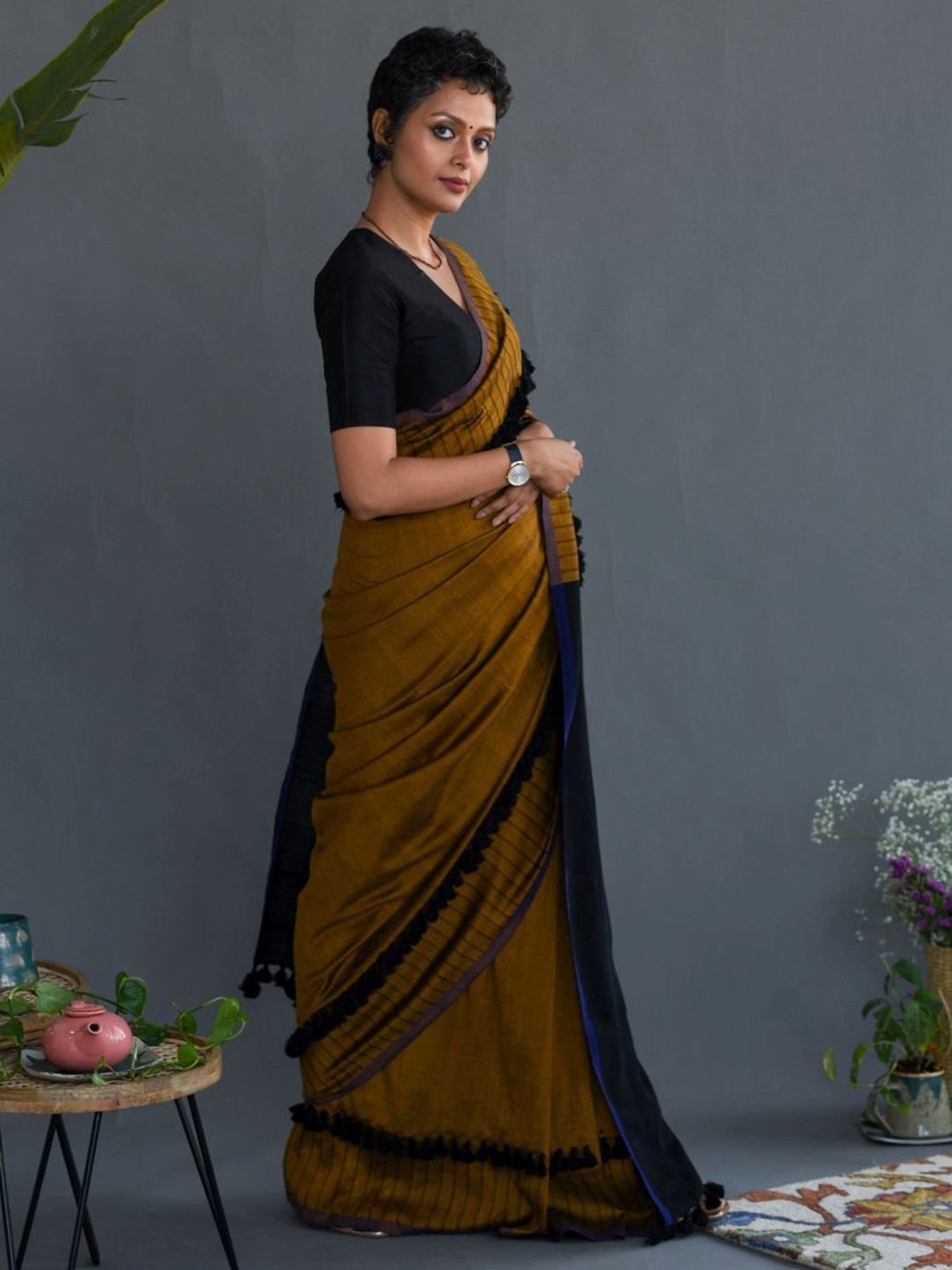 Suta Mustard & Black Plain Saree Without Blouse