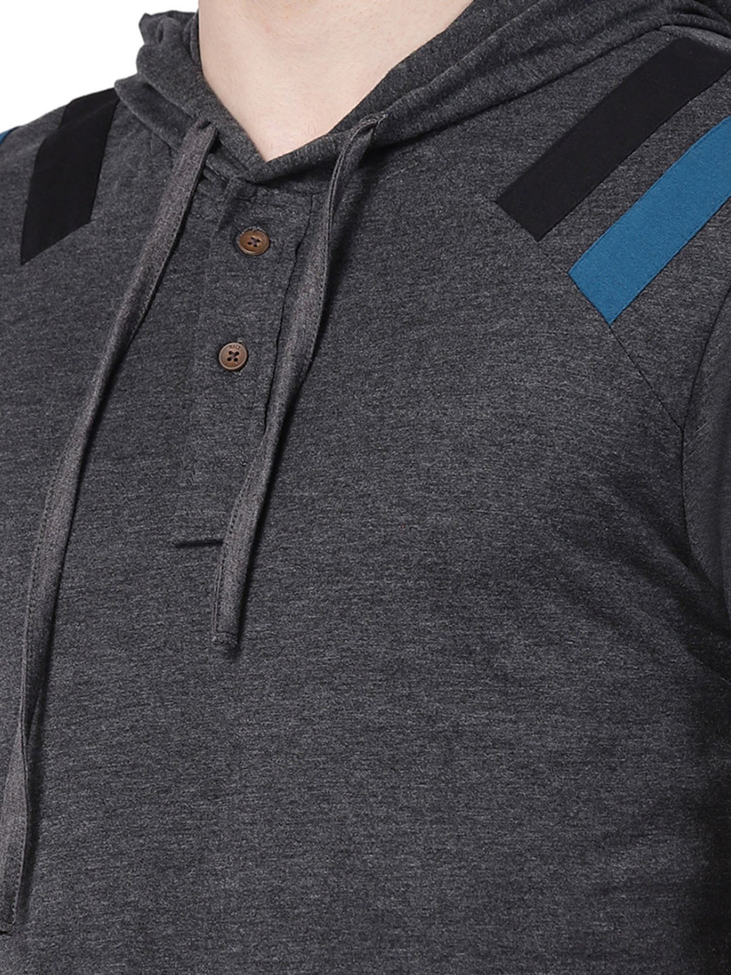 Kalt Dark Grey Melange Regular Fit Striped Hooded T-Shirt