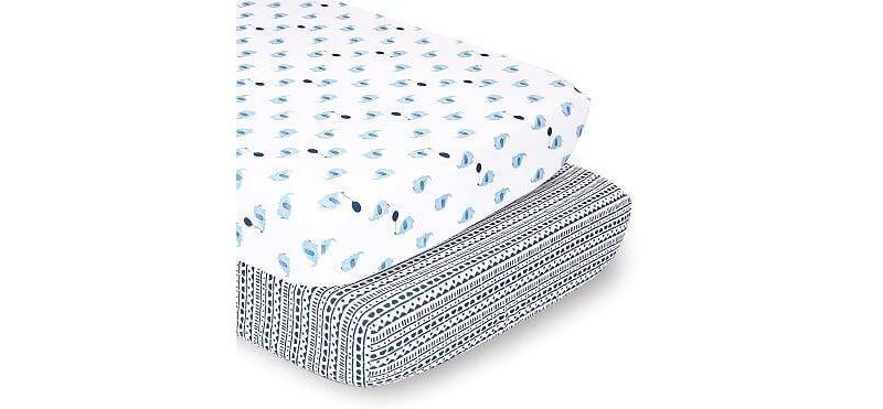 The Peanutshell Sheets Blue Elephant/Navy Geometric Stripe 2pk