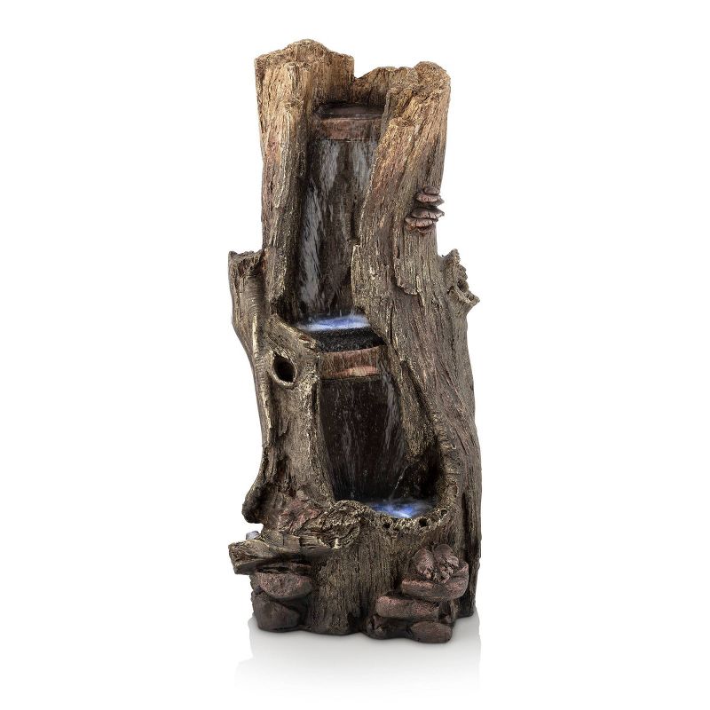 Alpine 22" Rainforest Waterfall Tree Trunk Fountain with LED Lights Gray