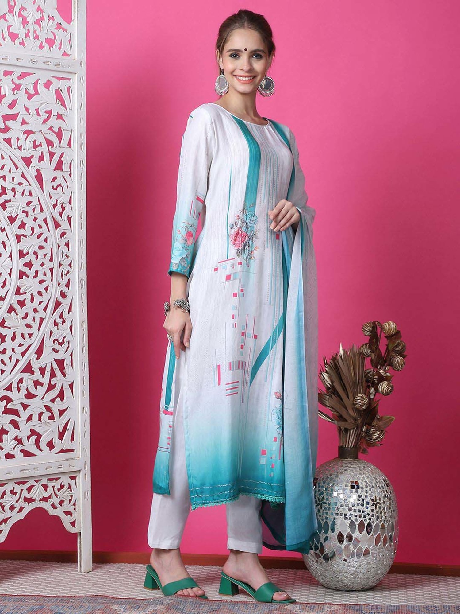 Stylee LIFESTYLE White & Blue Cotton Printed Unstitched Dress Material