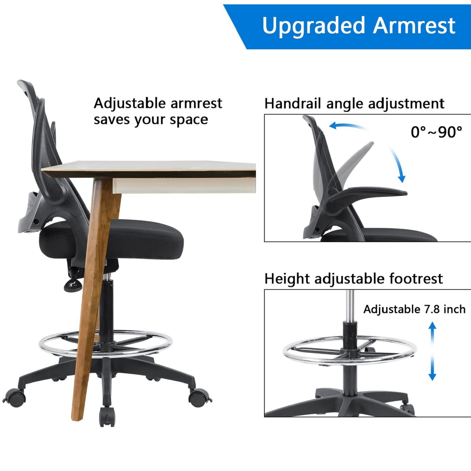 Devoko Drafting Chair with Flip-up Arms Tall Office Chair Executive Computer Standing Desk Chair with Lockable Wheel and Adjustable Footrest Ring (Black)
