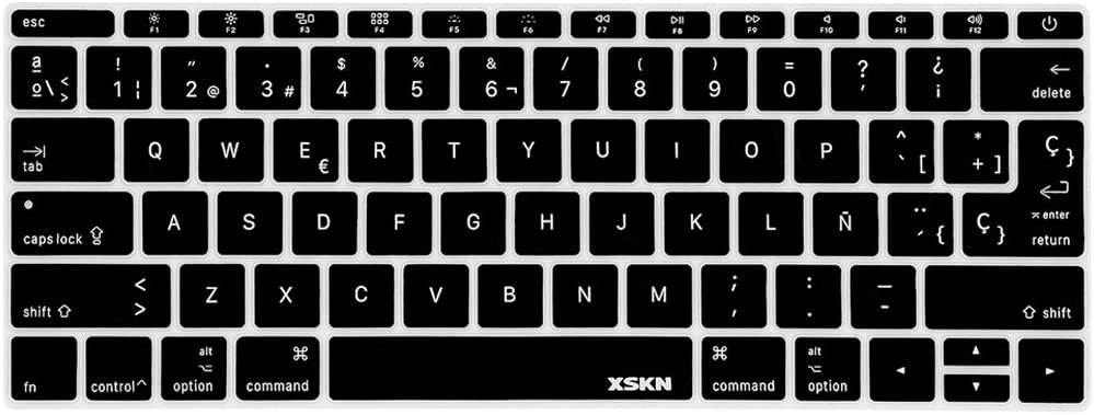 XSKN Spanish Silicone Keyboard Skin Cover for New MacBook Pro 13 (2016 Release, Model A1708, Flat Key, No Touch Bar) and New MacBook 12 (2015 Release, Model A1534), US EU Version (Black)