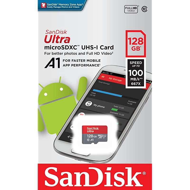 128GB Ultra MicroSDXC UHS-I Memory Card with Adapter - 100MB/s, C10, U1, Full HD, A1, Micro SD Card - SDSQUAR-128G-GN6MA