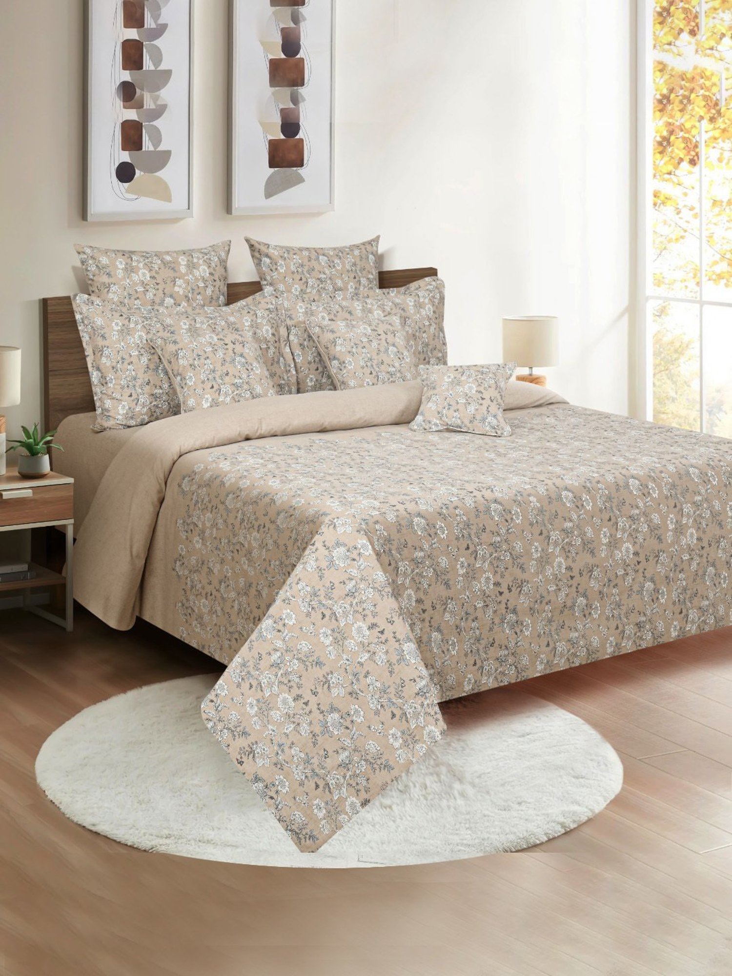 Swayam Floral Beige & Grey  160 TC Cotton Double Bedding set