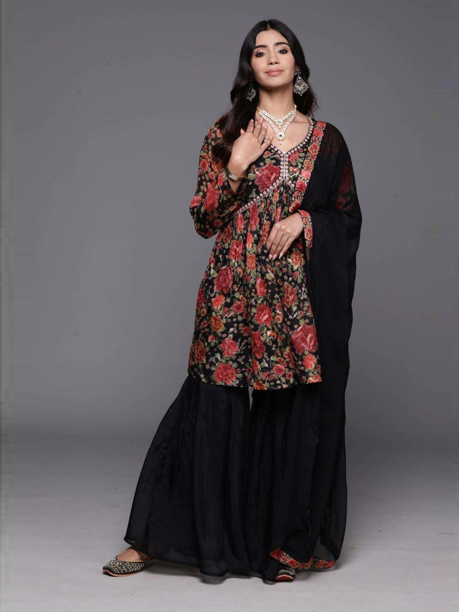 Libas Black Printed Kurti Sharara Set With Dupatta