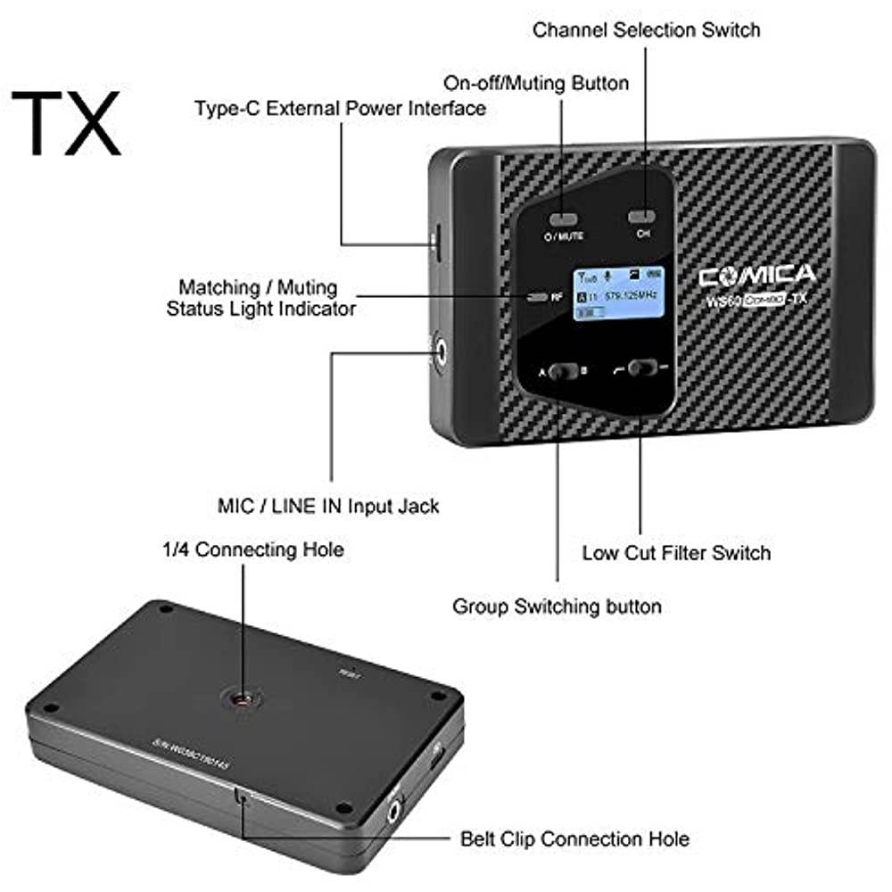 comica CVM-WS60 Combo Wireless Dual Lavalier Lapel Microphone System with UHF 12 Channels, Universal Smartphone Clamp,100-194ft Wireless Range,Wireless Microphone for Smartphones and Cameras (2Tx+1Rx)