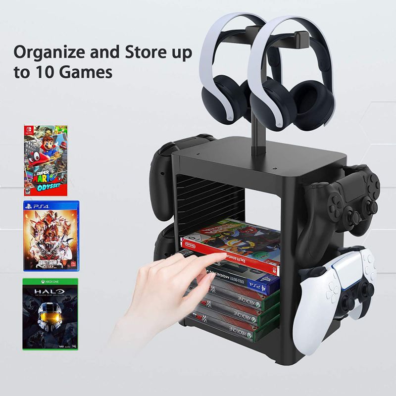 Ackmioxy Headset and Game Organizer (up to 10 Games) for PS5 PS4 Playstation/Xbox Series S & X/Switch Accessories, Headphones, Game Discs, Joy Cons, DualSense, Controllers, Black